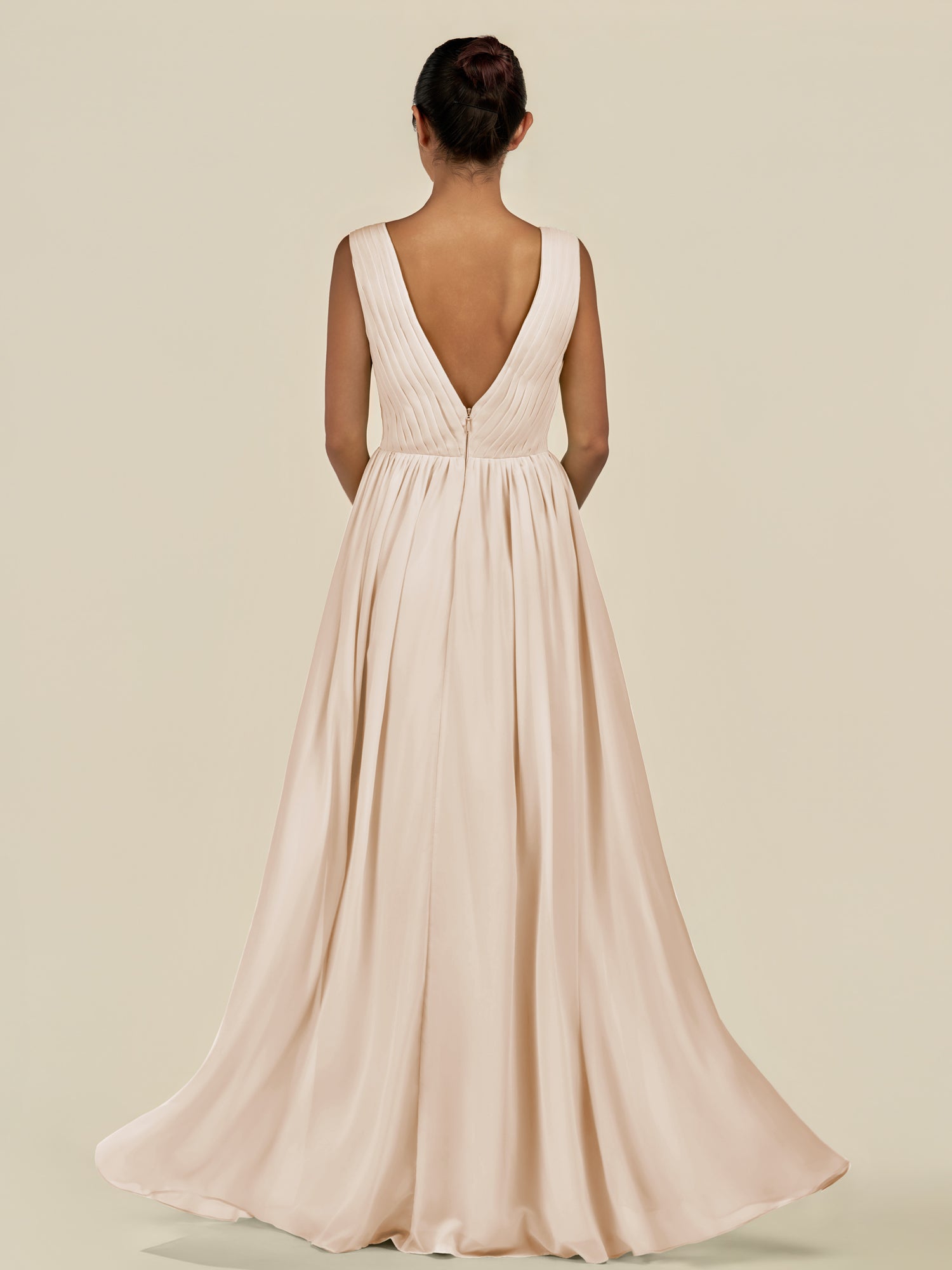 KissDress-Daryel Pale Blush A Line Chiffon V Neck Pleated Long Bridesmaid Dress