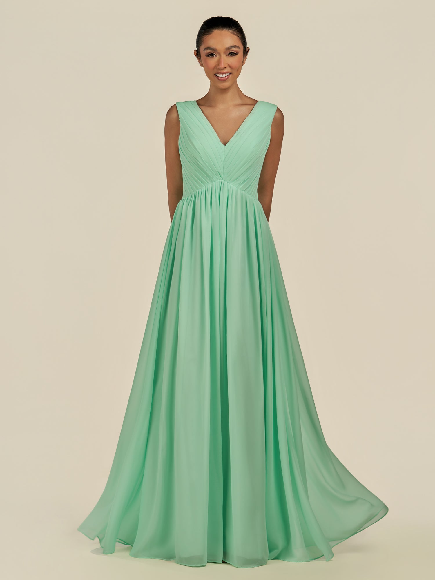 KissDress-Daryel Pale Pistachio A Line Chiffon V Neck Pleated Long Bridesmaid Dress