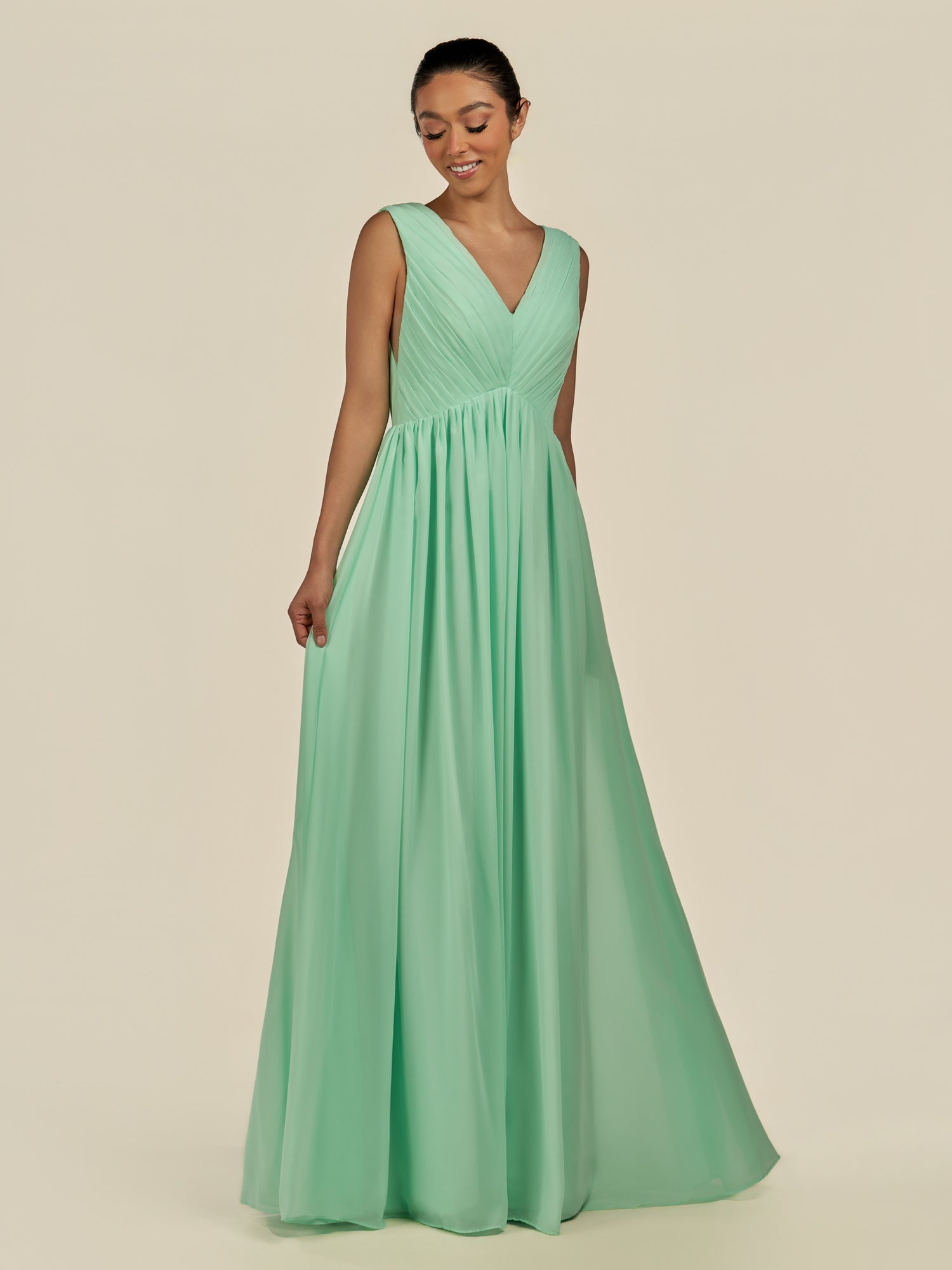 KissDress-Daryel Pale Pistachio A Line Chiffon V Neck Pleated Long Bridesmaid Dress