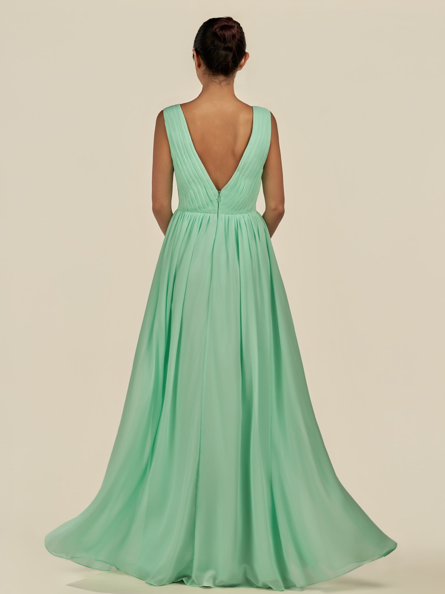 KissDress-Daryel Pale Pistachio A Line Chiffon V Neck Pleated Long Bridesmaid Dress