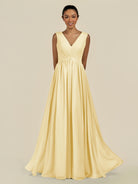 KissDress-Daryel Pastel Yellow A Line Chiffon V Neck Pleated Long Bridesmaid Dress