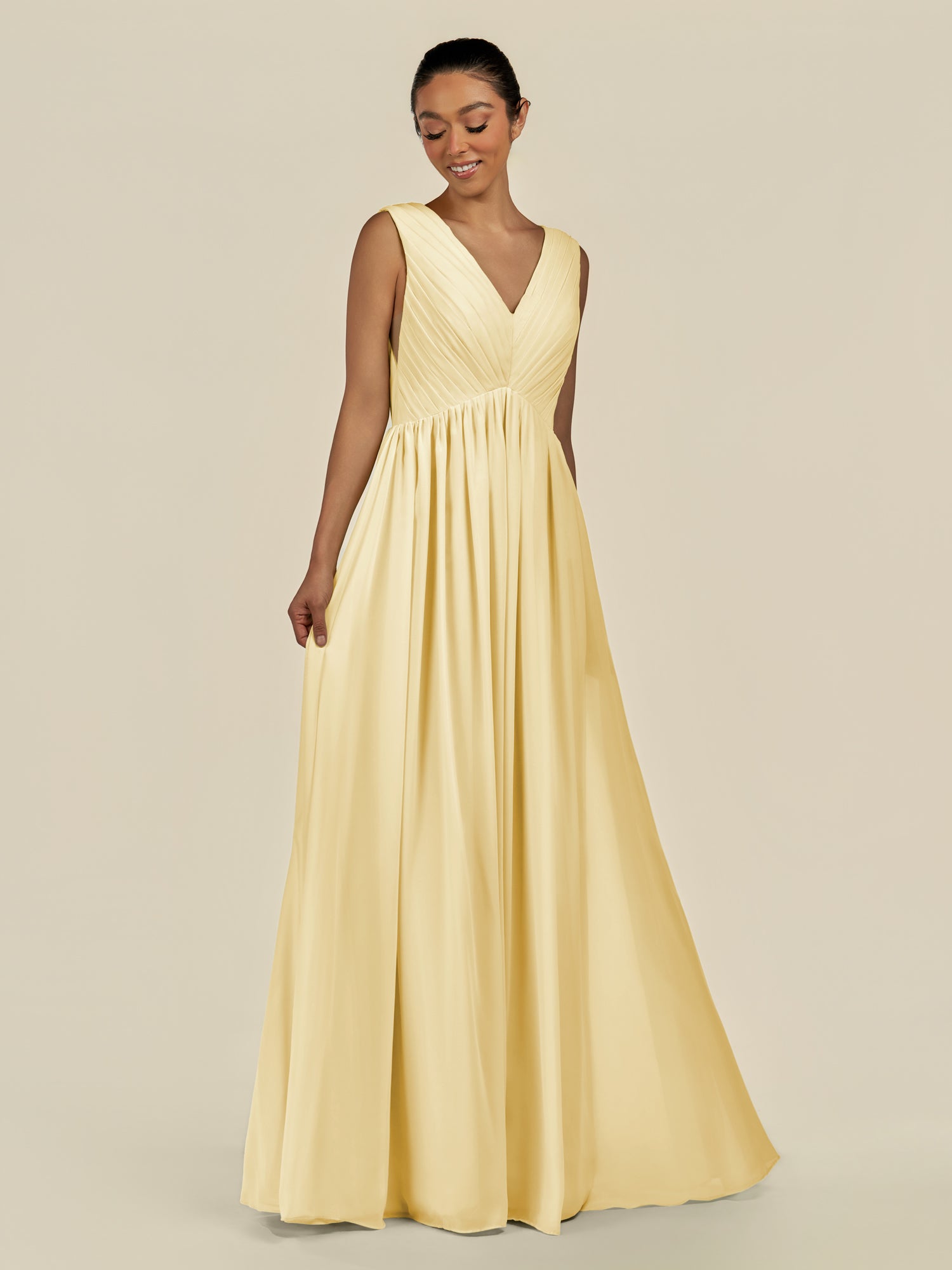 KissDress-Daryel Pastel Yellow A Line Chiffon V Neck Pleated Long Bridesmaid Dress