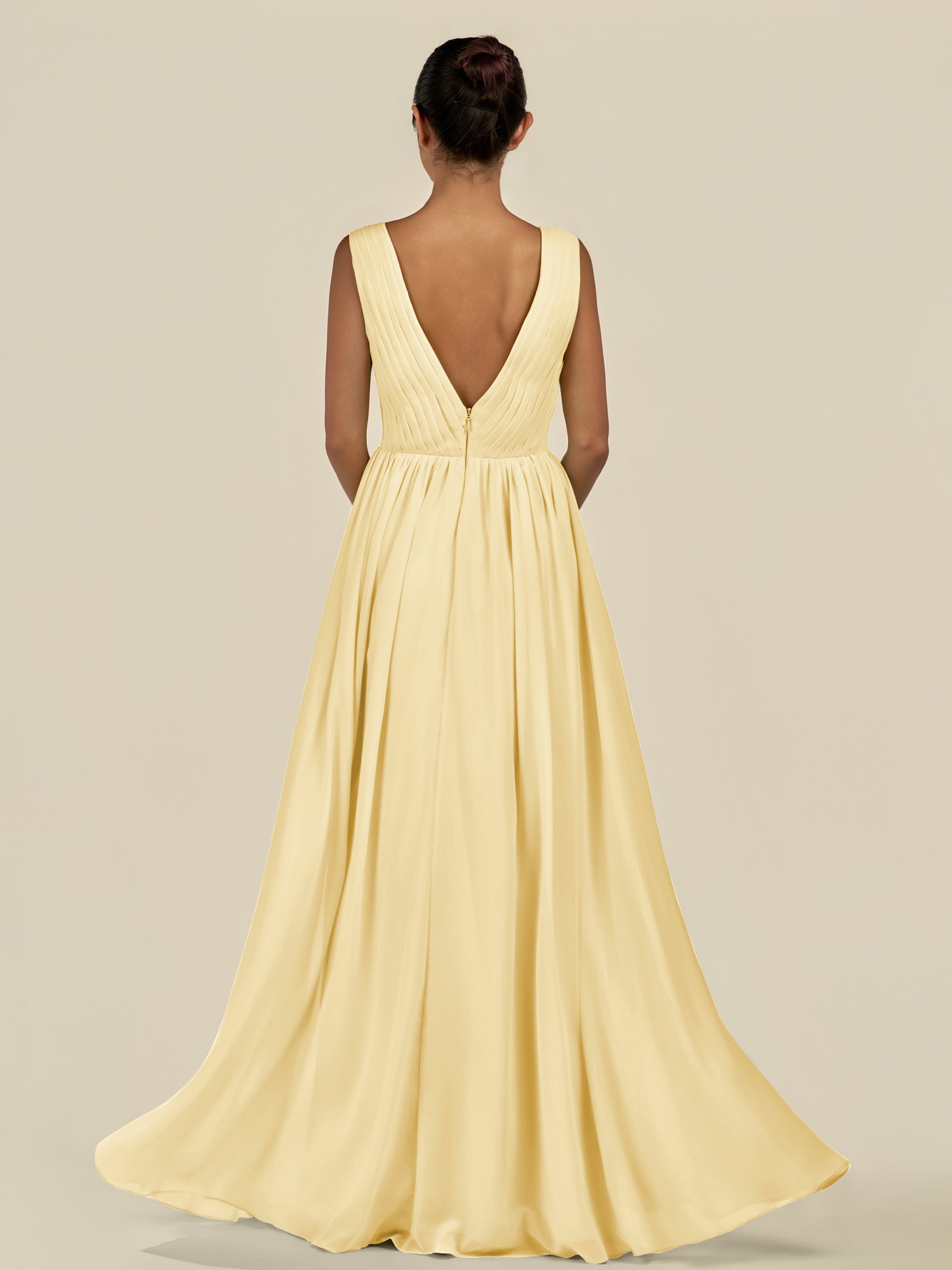 KissDress-Daryel Pastel Yellow A Line Chiffon V Neck Pleated Long Bridesmaid Dress