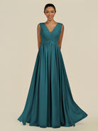 KissDress-Daryel Pine A Line Chiffon V Neck Pleated Long Bridesmaid Dress