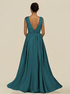 KissDress-Daryel Pine A Line Chiffon V Neck Pleated Long Bridesmaid Dress