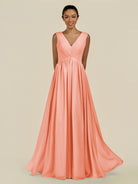 KissDress-Daryel Rosette A Line Chiffon V Neck Pleated Long Bridesmaid Dress