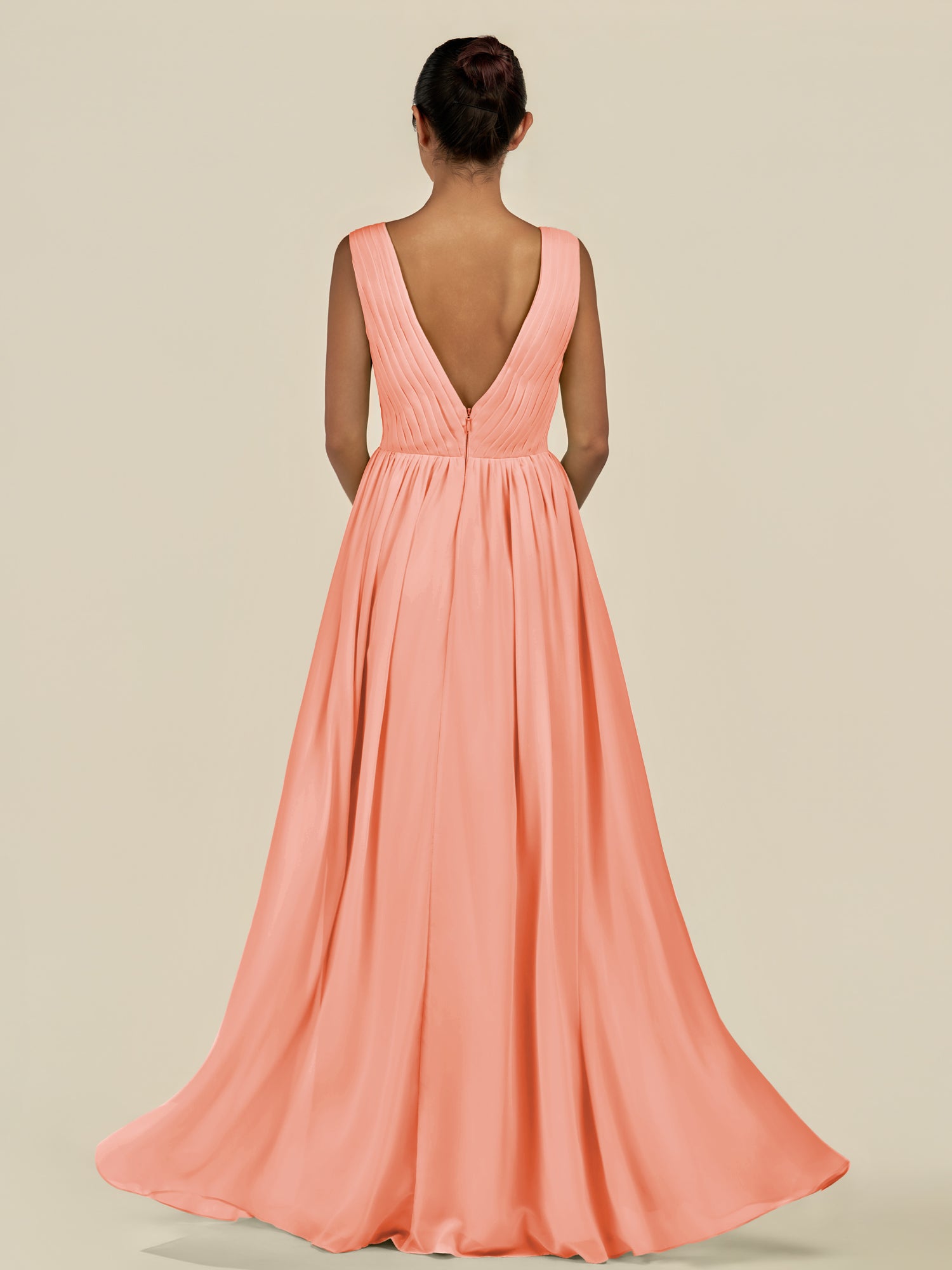 KissDress-Daryel Rosette A Line Chiffon V Neck Pleated Long Bridesmaid Dress