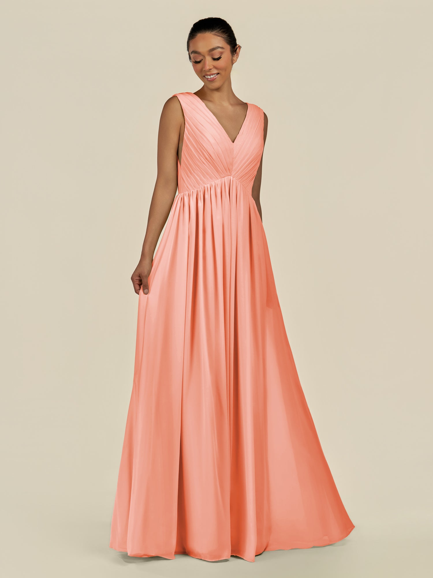 KissDress-Daryel Rosette A Line Chiffon V Neck Pleated Long Bridesmaid Dress