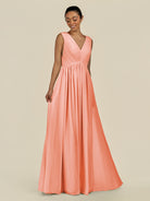 KissDress-Daryel Rosette A Line Chiffon V Neck Pleated Long Bridesmaid Dress