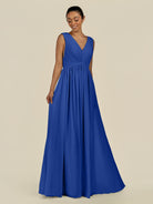 KissDress-Daryel Royal Blue A Line Chiffon V Neck Pleated Long Bridesmaid Dress