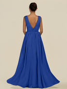 KissDress-Daryel Royal Blue A Line Chiffon V Neck Pleated Long Bridesmaid Dress