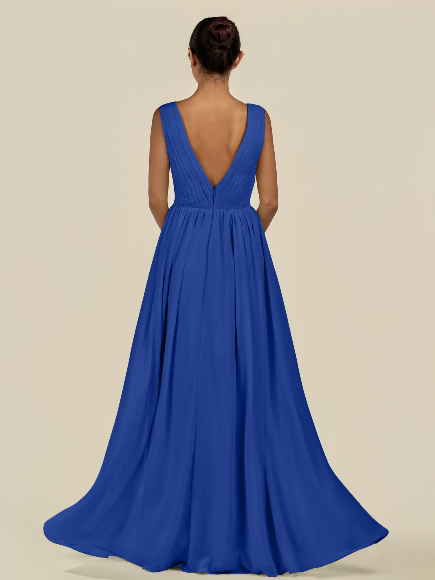 KissDress-Daryel Royal Blue A Line Chiffon V Neck Pleated Long Bridesmaid Dress