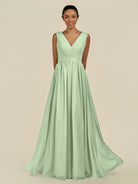 KissDress-Daryel Sage A Line Chiffon V Neck Pleated Long Bridesmaid Dress