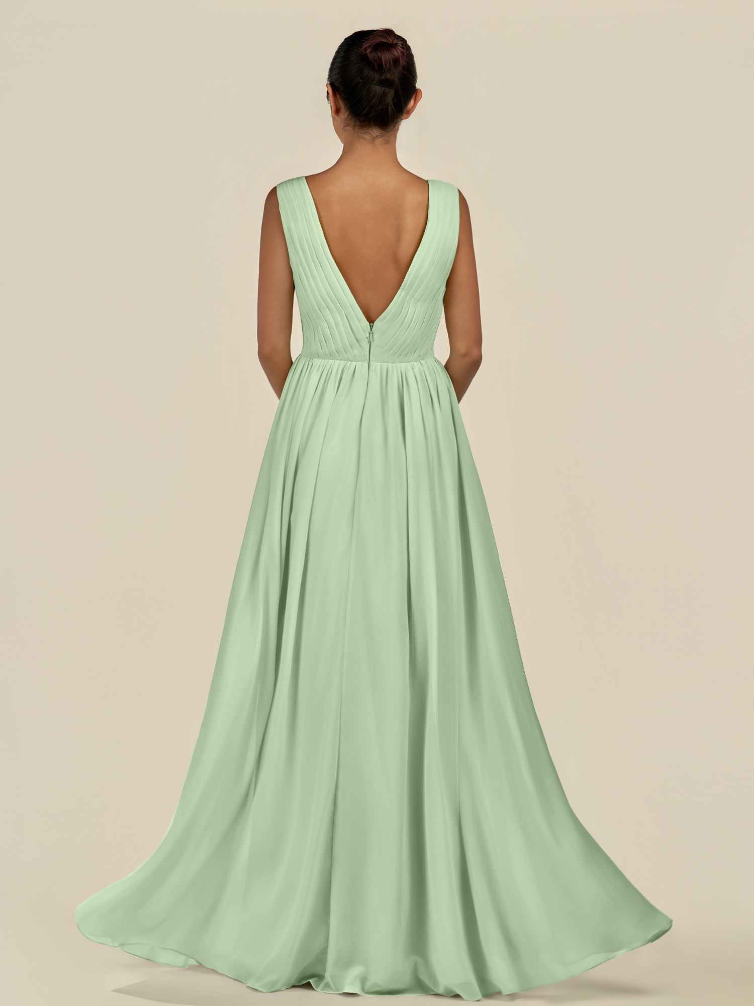 KissDress-Daryel Sage A Line Chiffon V Neck Pleated Long Bridesmaid Dress