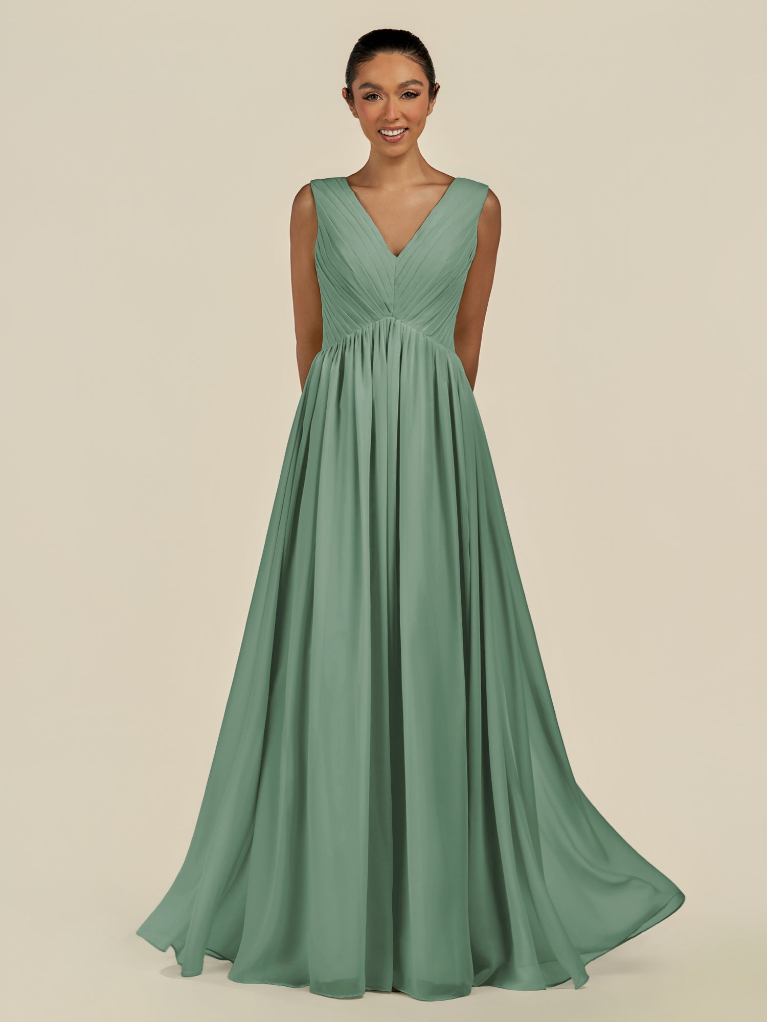 KissDress-Daryel Sea Glass A Line Chiffon V Neck Pleated Long Bridesmaid Dress