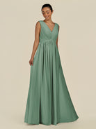 KissDress-Daryel Sea Glass A Line Chiffon V Neck Pleated Long Bridesmaid Dress