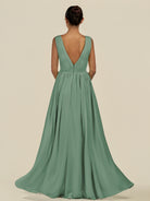 KissDress-Daryel Sea Glass A Line Chiffon V Neck Pleated Long Bridesmaid Dress