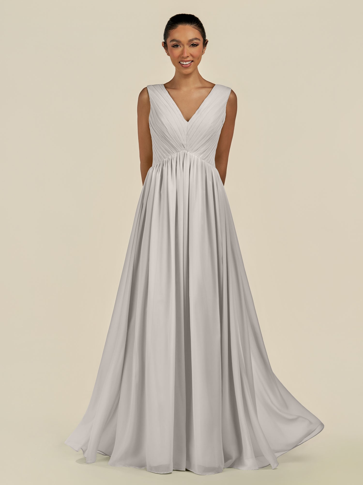 KissDress-Daryel Silver A Line Chiffon V Neck Pleated Long Bridesmaid Dress
