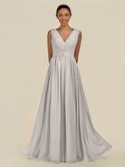 KissDress-Daryel Silver A Line Chiffon V Neck Pleated Long Bridesmaid Dress