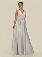 KissDress-Daryel Silver A Line Chiffon V Neck Pleated Long Bridesmaid Dress