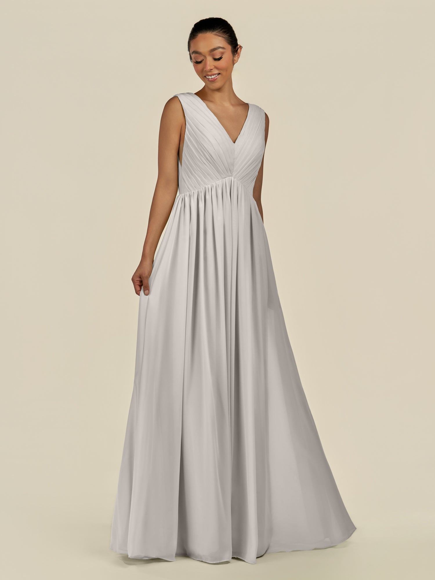 KissDress-Daryel Silver A Line Chiffon V Neck Pleated Long Bridesmaid Dress