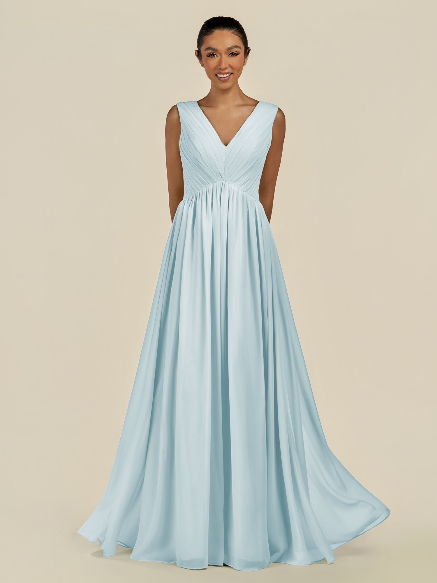 KissDress-Daryel Sky Blue A Line Chiffon V Neck Pleated Long Bridesmaid Dress