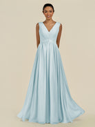 KissDress-Daryel Sky Blue A Line Chiffon V Neck Pleated Long Bridesmaid Dress