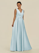 KissDress-Daryel Sky Blue A Line Chiffon V Neck Pleated Long Bridesmaid Dress