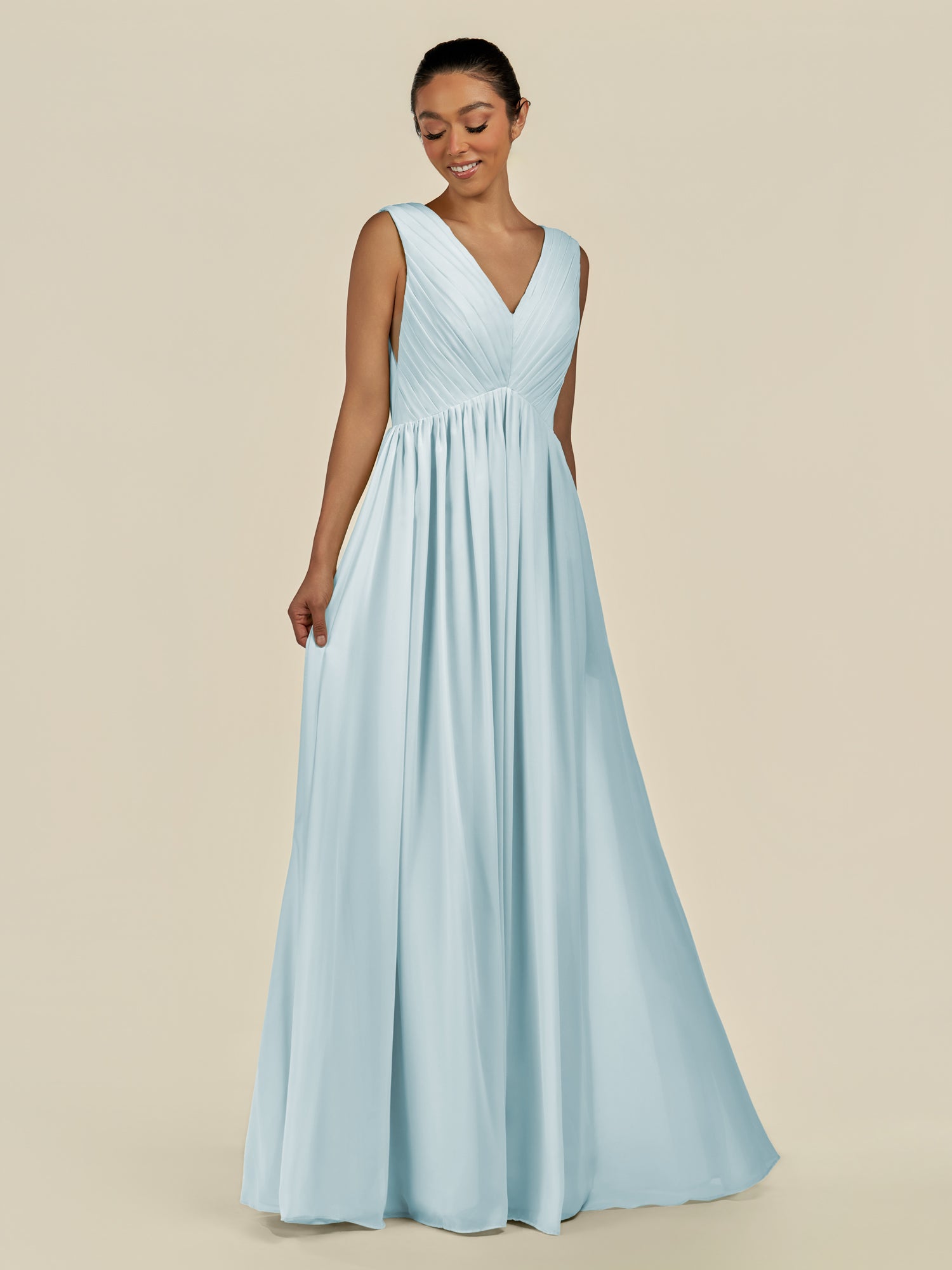KissDress-Daryel Sky Blue A Line Chiffon V Neck Pleated Long Bridesmaid Dress