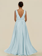 KissDress-Daryel Sky Blue A Line Chiffon V Neck Pleated Long Bridesmaid Dress