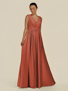 KissDress-Daryel Spice A Line Chiffon V Neck Pleated Long Bridesmaid Dress