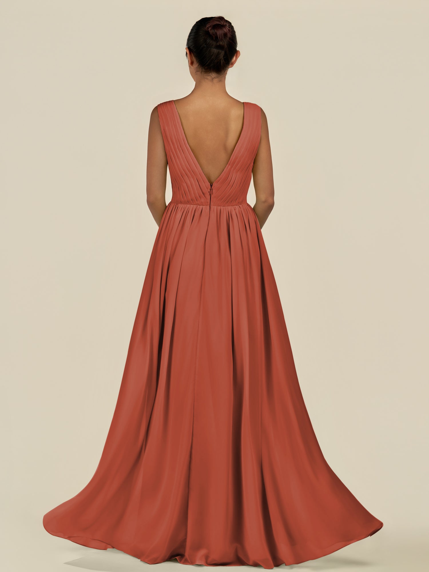 KissDress-Daryel Spice A Line Chiffon V Neck Pleated Long Bridesmaid Dress