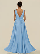 KissDress-Daryel Steel Blue A Line Chiffon V Neck Pleated Long Bridesmaid Dress
