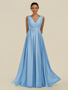 KissDress-Daryel Steel Blue A Line Chiffon V Neck Pleated Long Bridesmaid Dress
