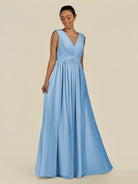 KissDress-Daryel Steel Blue A Line Chiffon V Neck Pleated Long Bridesmaid Dress