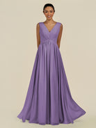 KissDress-Daryel Tahiti A Line Chiffon V Neck Pleated Long Bridesmaid Dress