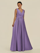 KissDress-Daryel Tahiti A Line Chiffon V Neck Pleated Long Bridesmaid Dress