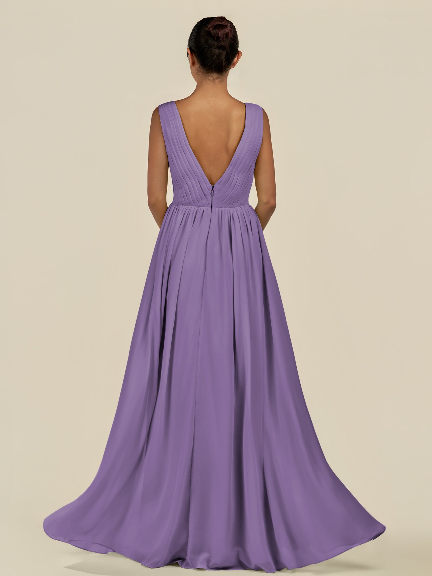 KissDress-Daryel Tahiti A Line Chiffon V Neck Pleated Long Bridesmaid Dress
