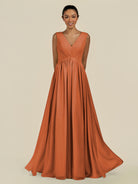 KissDress-Daryel Terracotta A Line Chiffon V Neck Pleated Long Bridesmaid Dress