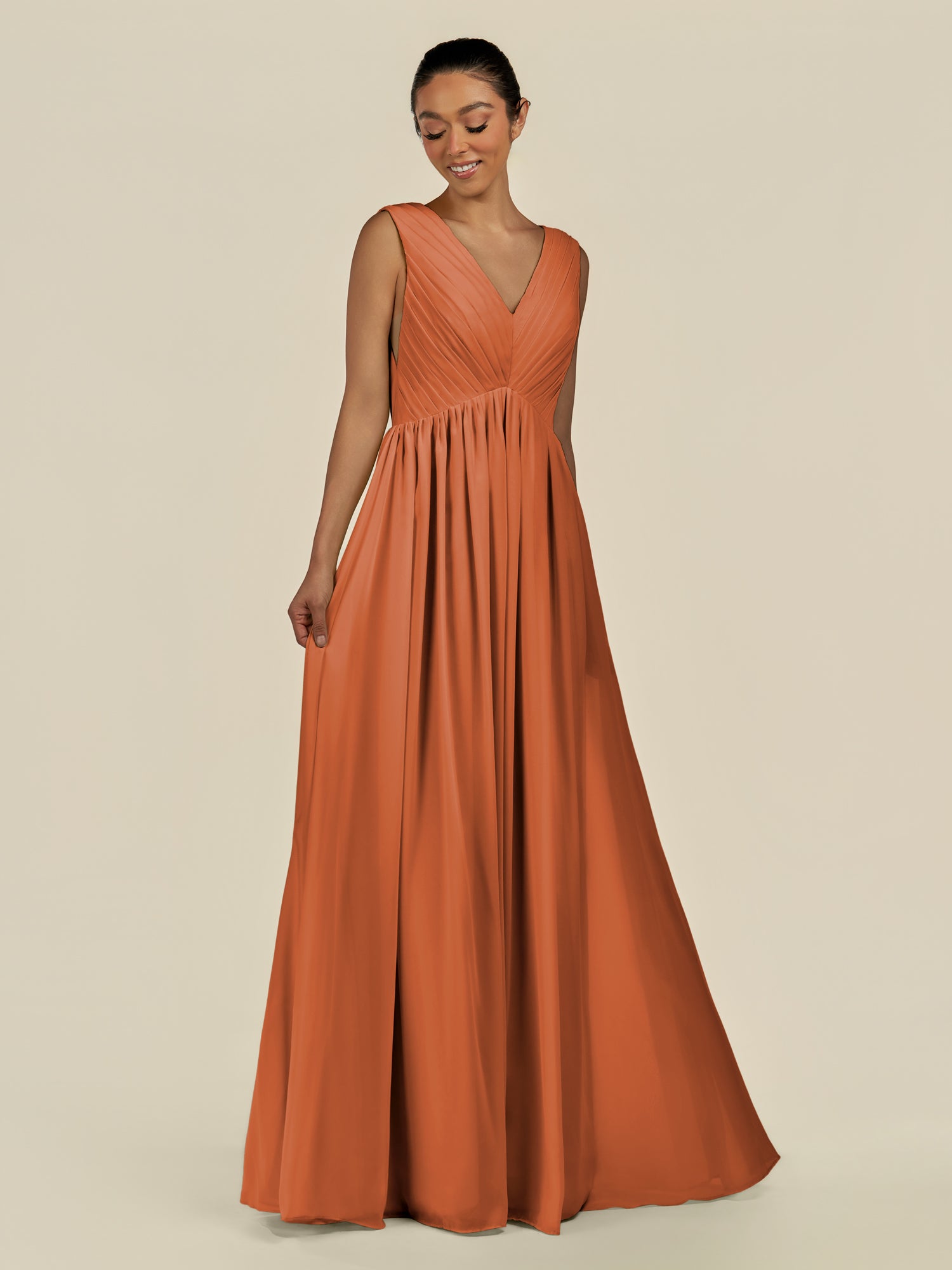 KissDress-Daryel Terracotta A Line Chiffon V Neck Pleated Long Bridesmaid Dress