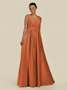 KissDress-Daryel Terracotta A Line Chiffon V Neck Pleated Long Bridesmaid Dress