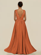 KissDress-Daryel Terracotta A Line Chiffon V Neck Pleated Long Bridesmaid Dress
