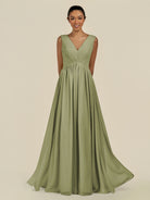 KissDress-Daryel Thyme A Line Chiffon V Neck Pleated Long Bridesmaid Dress