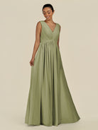 KissDress-Daryel Thyme A Line Chiffon V Neck Pleated Long Bridesmaid Dress