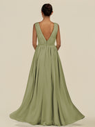 KissDress-Daryel Thyme A Line Chiffon V Neck Pleated Long Bridesmaid Dress