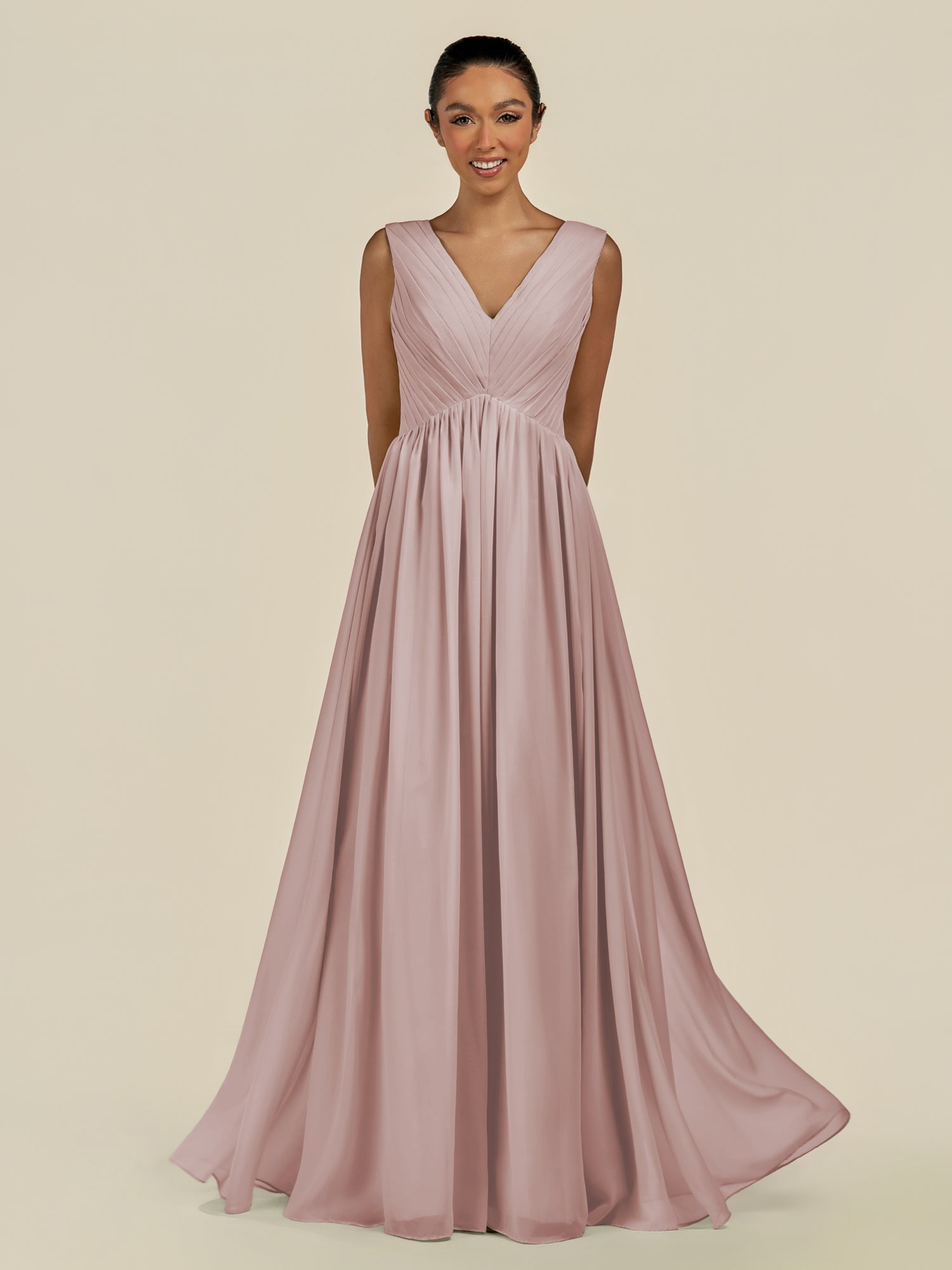 KissDress-Daryel Toffee A Line Chiffon V Neck Pleated Long Bridesmaid Dress