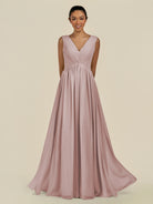 KissDress-Daryel Toffee A Line Chiffon V Neck Pleated Long Bridesmaid Dress