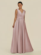 KissDress-Daryel Toffee A Line Chiffon V Neck Pleated Long Bridesmaid Dress
