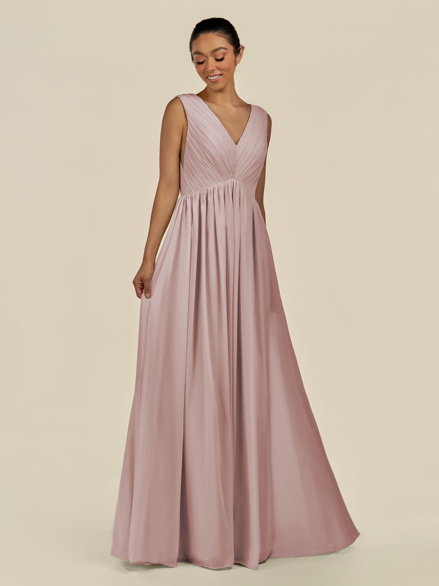 KissDress-Daryel Toffee A Line Chiffon V Neck Pleated Long Bridesmaid Dress