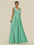 KissDress-Daryel Turquoise A Line Chiffon V Neck Pleated Long Bridesmaid Dress